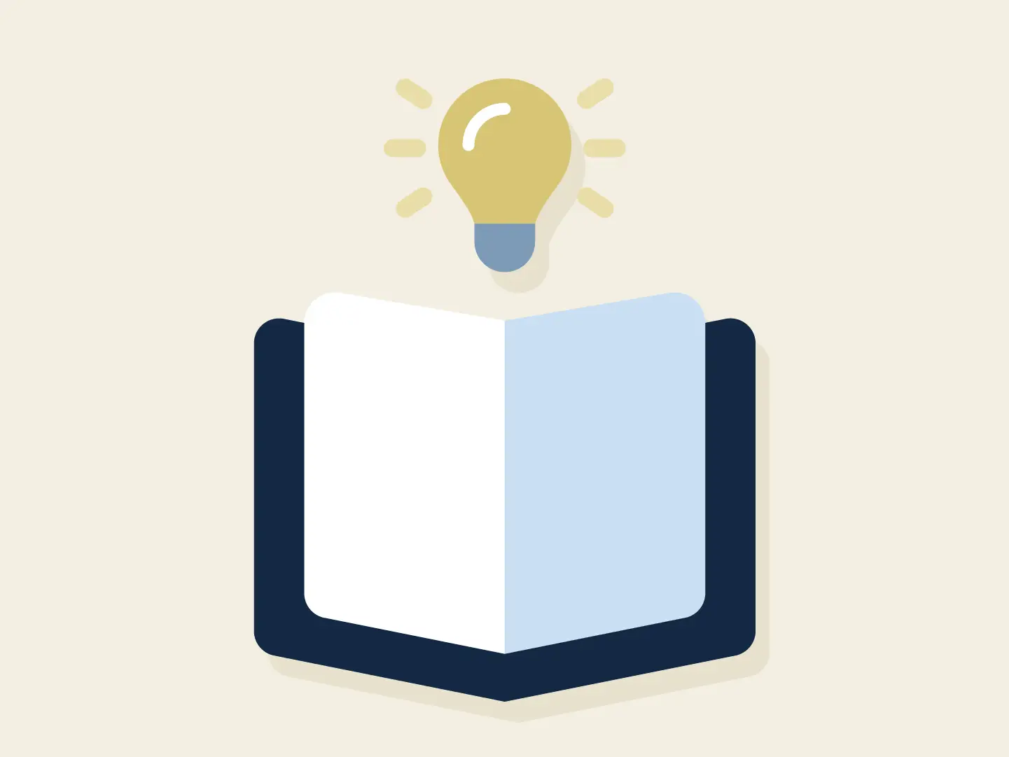 Illustration eines geöffneten Buches, aus dem eine leuchtende Glühbirne aufsteigt